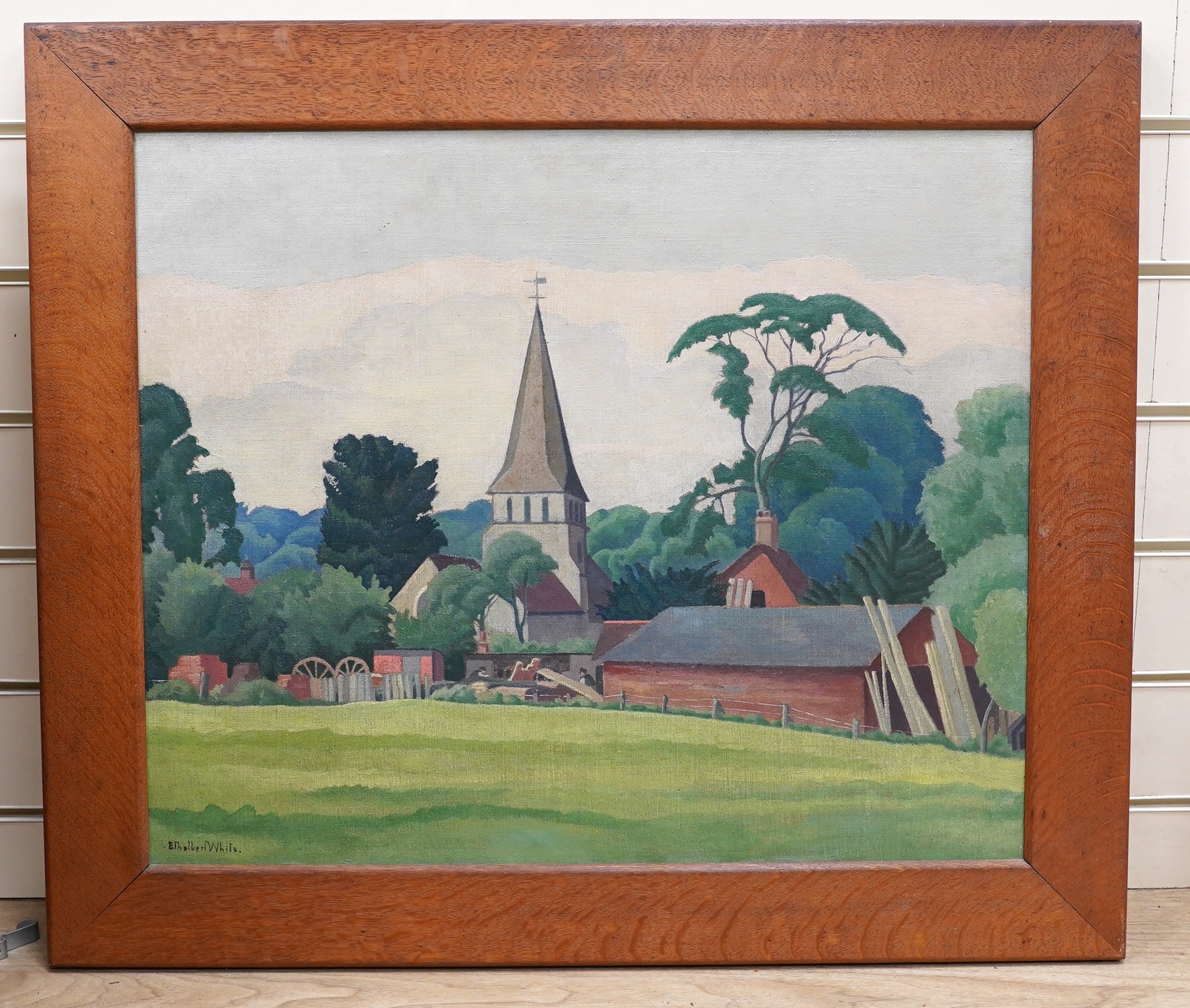 Ethelbert White (1891-1972), oil on canvas, Landscape with church, signed, 49 x 59cm. Condition - fair to good